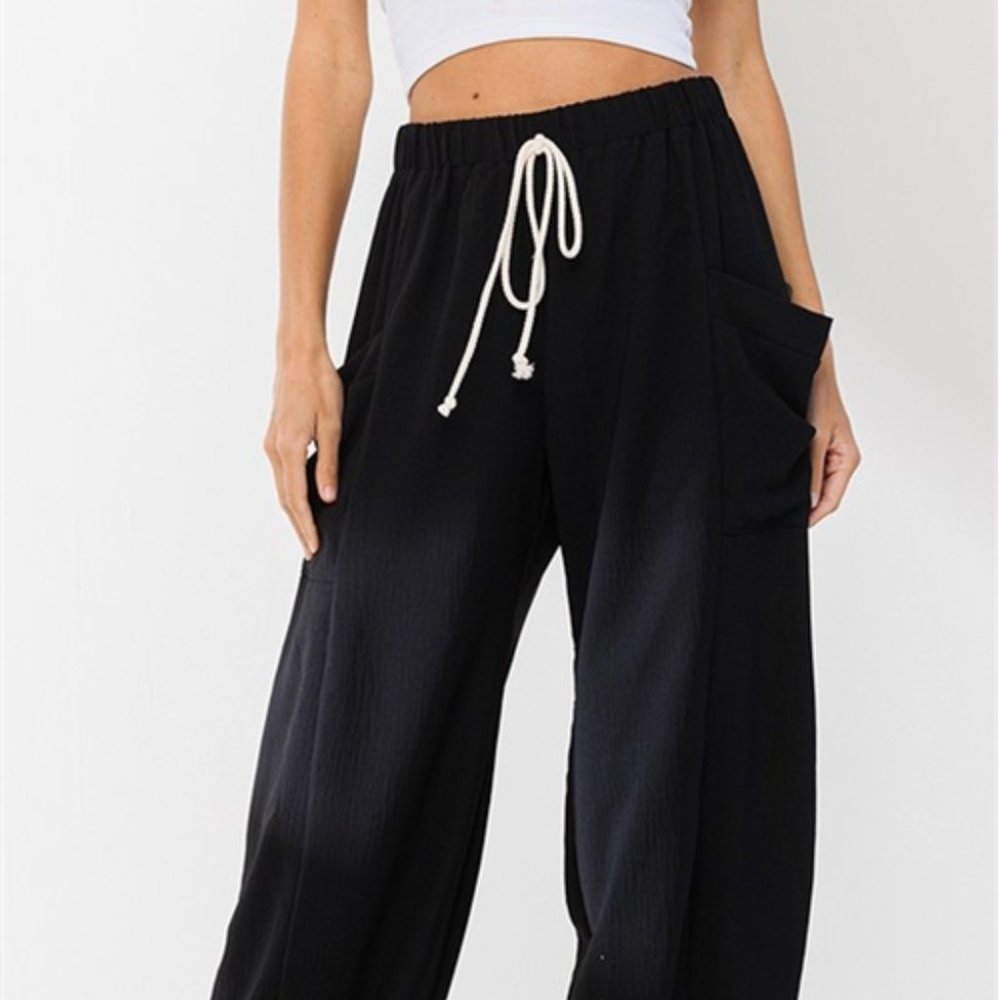 #52 BLACK SELF TIE ELASTIC WAIST PANTS